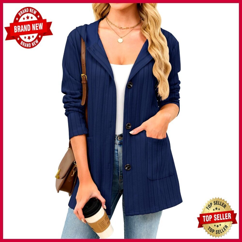 Long Sleeve Hooded Cardigan Sweater Button Front Loose Fit Pockets
